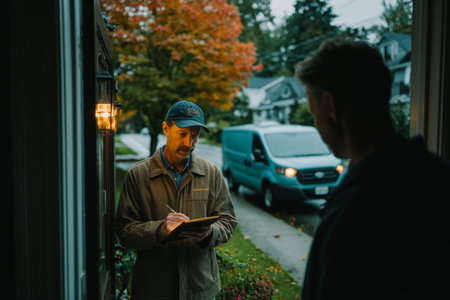 A person stands at the front door, holding a tablet for a signature while another individual looks on. The setting features beautiful autumn foliage.の素材