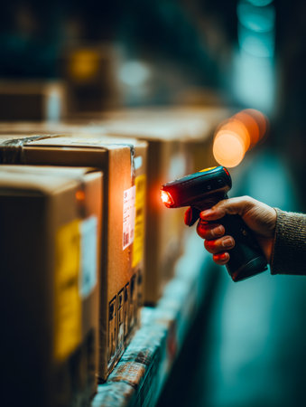 An employee in a warehouse scans barcodes with a handheld device, checking inventory on stacked boxes in a busy distribution center.の素材