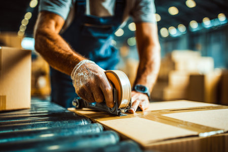 A worker carefully seals a cardboard box with tape in a spacious warehouse. The activity takes place during a busy shipping day, surrounded by many packages.の素材