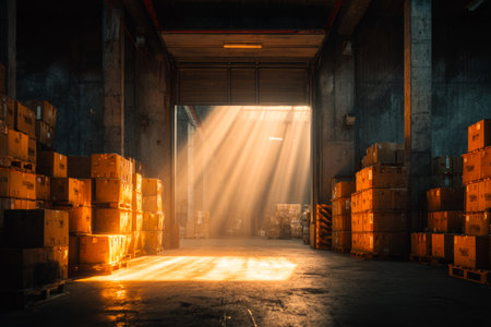 Sunlight streams through the entrance of a loading area in a warehouse, illuminating stacks of empty pallets. The space is organized and ready for incoming shipments.の素材