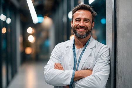 A doctor stands confidently in a hospital corridor, smiling warmly. The space is softly lit and modern, creating an inviting atmosphere for patients and visitors.の素材