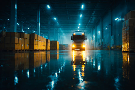 Inside a large logistics warehouse at night, a truck is parked with its headlights on. The wet floor reflects the warm light, enhancing the atmosphere.の素材