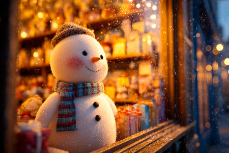A charming snowman stands outside a glowing shop window, admiring festive decorations and gifts. Snowflakes gently fall as evening light enhances the scenes warmth.の素材