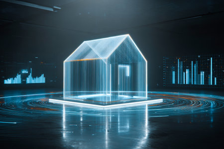A dynamic architectural hologram of a house moves gracefully in a dark setting, illuminated by various data visualizations. The scene conveys advanced technology and innovation.の素材