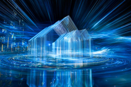 A stunning hologram of an architectural design moves gracefully above a circular reflective base in a vibrant urban landscape. Soft blue lights create a captivating spectacle.の素材