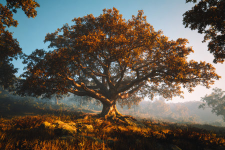 A large oak tree rises in the middle of a peaceful scene, surrounded by soft sunlight and gentle foliage, casting long shadows on the ground in early evening light.の素材