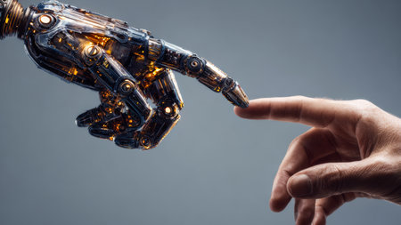 In a futuristic setting, a robot hand extends towards a human hand, symbolizing connection and technological advancement. The scene reflects the merging of human and machine.の素材