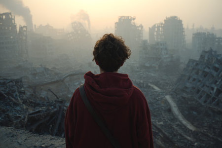 A person stands quietly, gazing at the remains of a destroyed city enveloped in haze during twilight, reflecting on the devastation around them.の素材