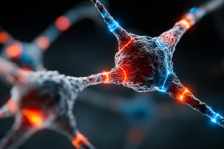 In a close-up view, interconnected neurons are exchanging signals, showcasing dynamic communication. The animation highlights vibrant colors representing activity and interaction.の素材