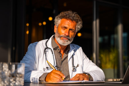 A physician sits at a table, writing notes in a notebook while enjoying the warmth of daylight. The reflections add a bright touch to the scene, enhancing the atmosphere.の素材