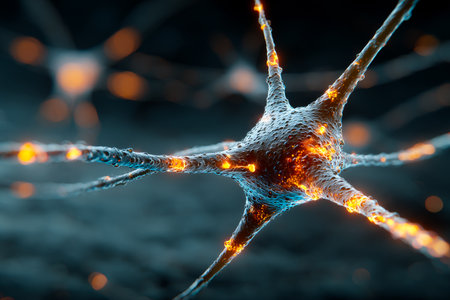 A close-up shot captures a glowing neuron with bright connections, showcasing the beauty of neural activity in a stunning cinematic style against a dark background.の素材