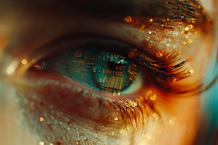 A close-up of a human eye with shimmering details, blinking as colorful holographic code flows across its surface, creating a fascinating and dynamic visual effect.の素材