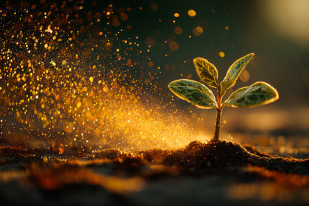 A small seed emerges from the soil, showcasing delicate leaves as it transforms into a new plant. Golden particles scatter in the sunlight, creating a magical atmosphere.の素材