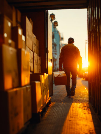 A courier walks towards the camera, holding a package while the sunset glows in the background. The scene captures the hustle of delivery in an urban environment.の素材