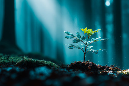 A young tree grows steadily in the middle of a serene forest, bathed in light and surrounded by tall trees and mist. Water droplets shimmer on its leaves.の素材