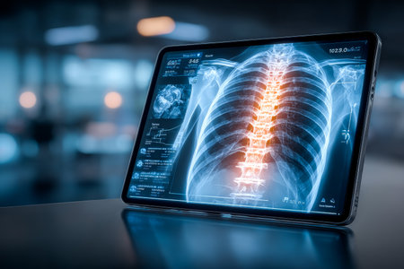 A medical professional shows a detailed X-ray of the lower back on a tablet to a patient in a clinic. The setting is a modern healthcare environment, focused on patient care.の素材