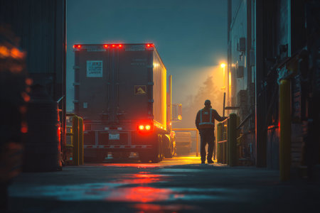 A large truck is reversing toward a loading dock, its lights glowing brightly in the soft twilight. A worker guides the truck in the dimly lit space.の素材