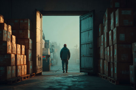 A delivery driver closes the back door of a cargo truck in a warehouse. Morning light filters in, illuminating stacked boxes and creating a calm atmosphere.の素材