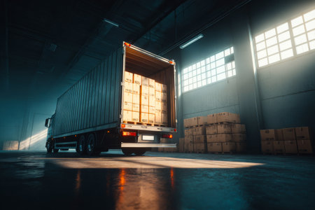 A cargo truck is parked in a spacious modern warehouse, revealing its rear where numerous boxes are neatly arranged. Natural light filters through large windows.の素材