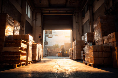The warehouse loading area is lined with empty pallets, creating an organized view. Sunlight pours in from the entrance, illuminating the space.の素材