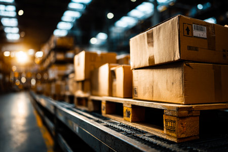 Cardboard boxes are neatly organized on wooden pallets inside a modern warehouse during the evening. Soft lighting enhances the industrial atmosphere.の素材