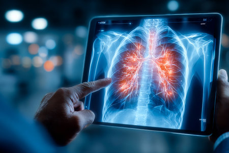 A patient examines a clear X-ray of their lungs displayed on a tablet. The healthcare provider points to areas of interest, facilitating a discussion about the health of the lungs.の素材
