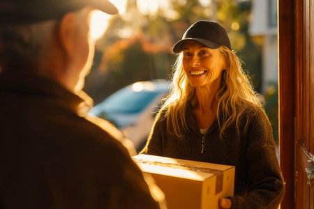 A smiling woman is happily accepting a parcel from a delivery person. The warm sunset light creates a cheerful atmosphere in a cozy neighborhood setting.の素材