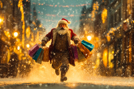 Santa Claus joyfully races toward the camera, holding vibrant shopping bags in a snowy street filled with holiday lights. The scene captures the festive spirit of Christmas.の素材