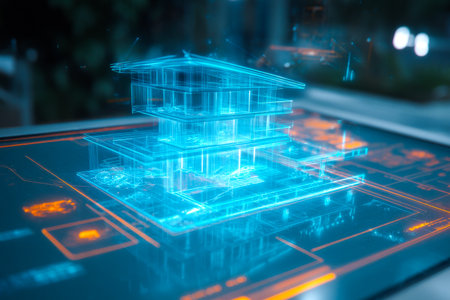 In a modern setting, a detailed hologram of a building design projects from a digital interface, emphasizing innovation in architecture and technology.の素材