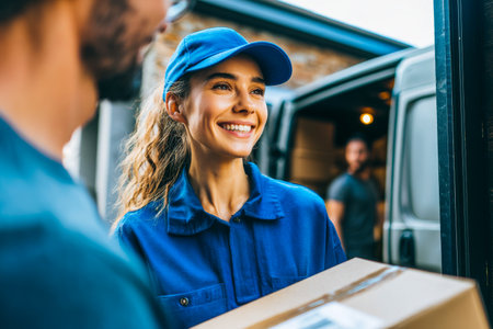 Courier in blue uniform stands outside a modern building, holding a package with a friendly smile while interacting with a customer.の素材