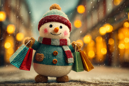 A jolly snowman with a red scarf and cozy sweater stands in a festive market. He holds colorful shopping bags as snowflakes gently fall around him.の素材