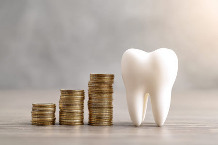 A large white tooth stands next to three stacks of coins on a table. The coins vary in height, highlighting the cost of dental health.の写真素材