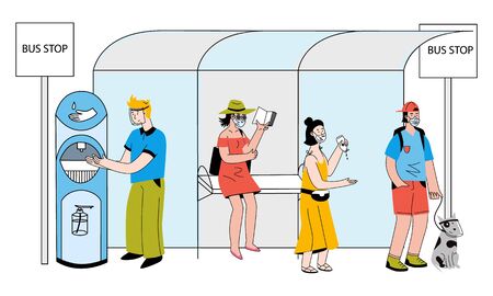 People and a dog wearing masks at a bus stop during covid-19 social distance protection and sanitizers. New normal Man using public hand sanitizer. Vector flat hand drawn isolated illustrationのイラスト素材