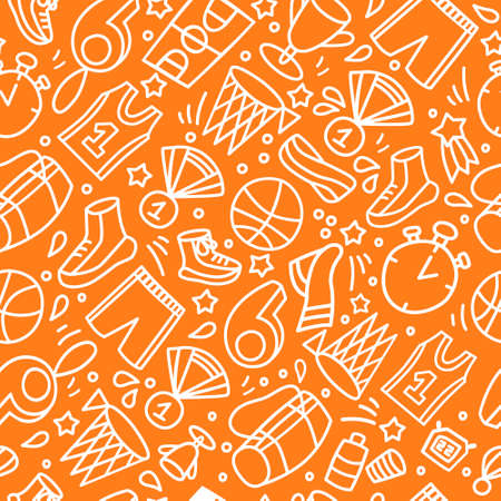 Basketball Seamless Pattern. Hand drawn sport items equipment Background. Wall poster. Sport doodles for basketball player and fans.Design for wrapping, tickets, website, landing, uniform and gear.のイラスト素材