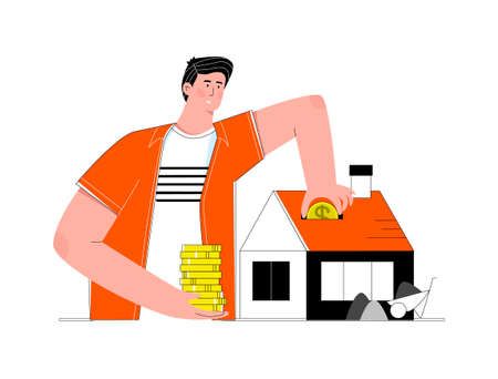 Man holding a stack of coins putting one coin into house roof building. mortgage for building a home. Self-build house construction loan. Construction costs covered by bank. Investment in buildingのイラスト素材