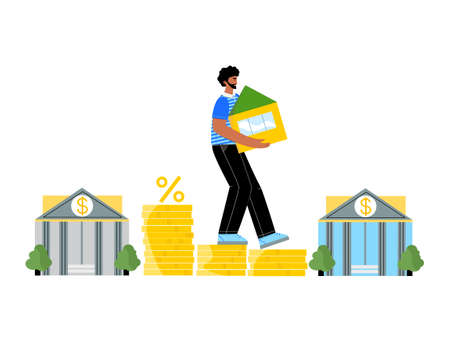 Man holding his house stepping down on coins walks from one bank to another. Mortgage refinance concept. Lower monthly payments and less percentage and market interest rate. Loan refinance designのイラスト素材