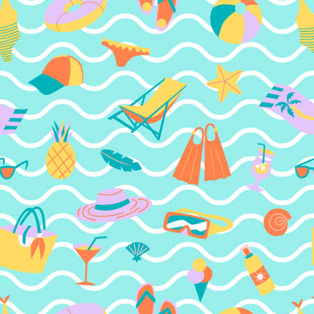 Seamless summer pattern with flat hand drawn elements for fun party beach holidays at the sea...