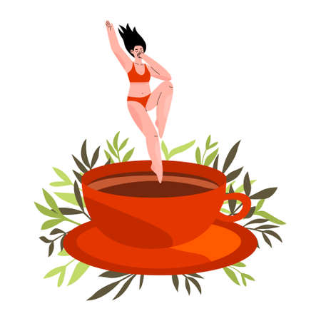 Coffee lover addict concept. Happy young female addicted to caffeine. Woman jumping into a big cup of coffee or cocoa. Morning cup of coffee. Hand drawn flat vector illustration with floral backdrop.のイラスト素材