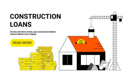 Mortgage, Loan, home credit concept, investment in building a house, real estate development website banner. A house with a crane and pile of gold coins under construction vector flat illustration.のイラスト素材