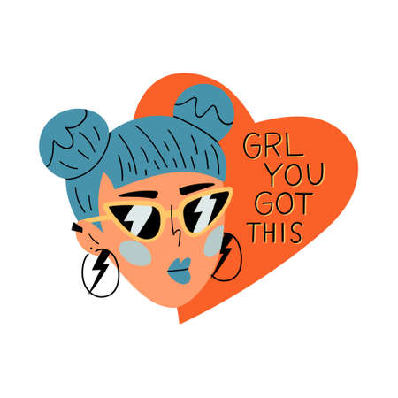 Cute funky woman face in sunglasses with a big red heart in the background. Girl, you have got this. Supportive, motivational lettering quote about self care and love to yourself. Isolated vector.のイラスト素材