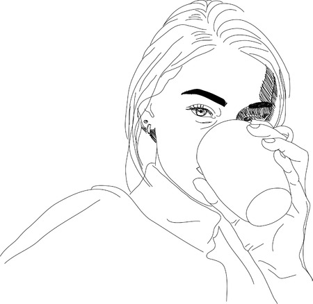 Illustration. young woman with cup of coffee. One line designのイラスト素材