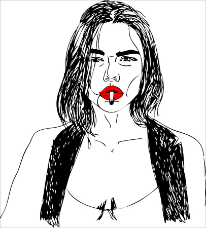 Illustration,young woman smoking. One line designのイラスト素材