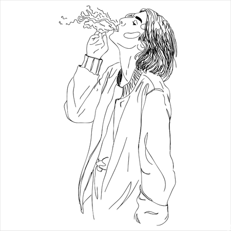 Illustration,young woman smoking. One line designのイラスト素材