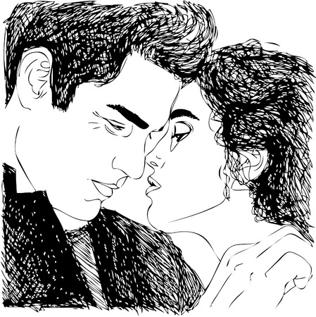 Illustration. Silhouettes of a profile of a head of the young man and the girl. One line designのイラスト素材