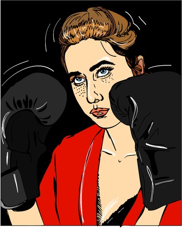 Illustration. Young beautiful girl with boxing gloves on black backgroundのイラスト素材
