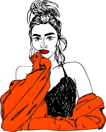 Illustration,   young woman with red lips. One line designのイラスト素材