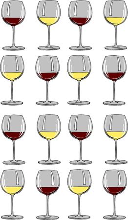 vector illustration. Set transparent glasses with white and red wineのイラスト素材