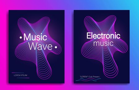 Dynamic gradient shape. Music flyer design with abstract gradient line waves. Electronic music party. Modern concert banner. Trendy electronic sound fest. vector illustrationのイラスト素材