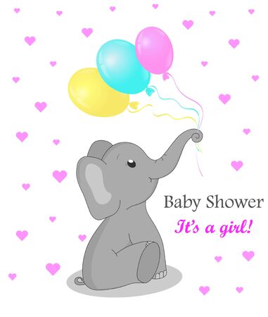 Invitation card baby shower with elephant for girl. Cute elephant with balloons. Birthday greetings card with flat elephant. vector illustrationのイラスト素材