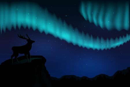Landscapes northern lights in the starry sky and with silhouette of deer on mountains. vector eps10のイラスト素材